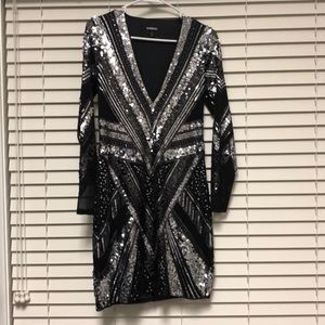 Express Allover Sequin Deep V-neck Dress